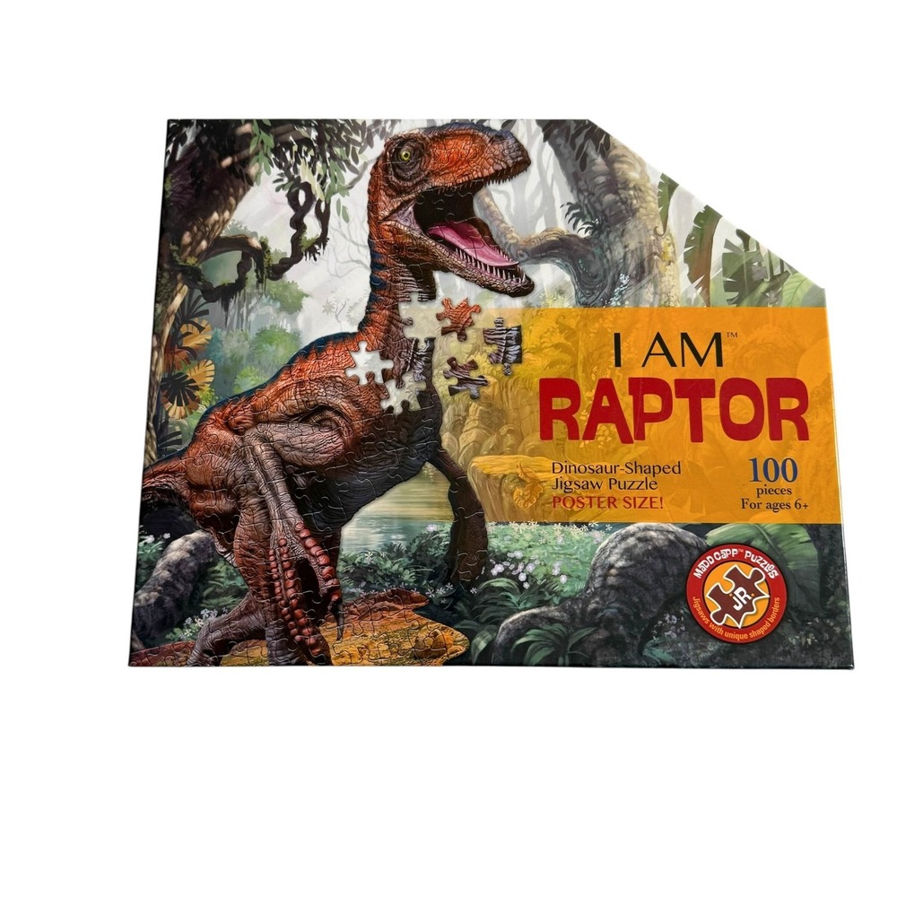 Mad Capp Puzzles I Am Raptor Dinosaur 100 Piece Shaped Jigsaw Puzzle with Poster